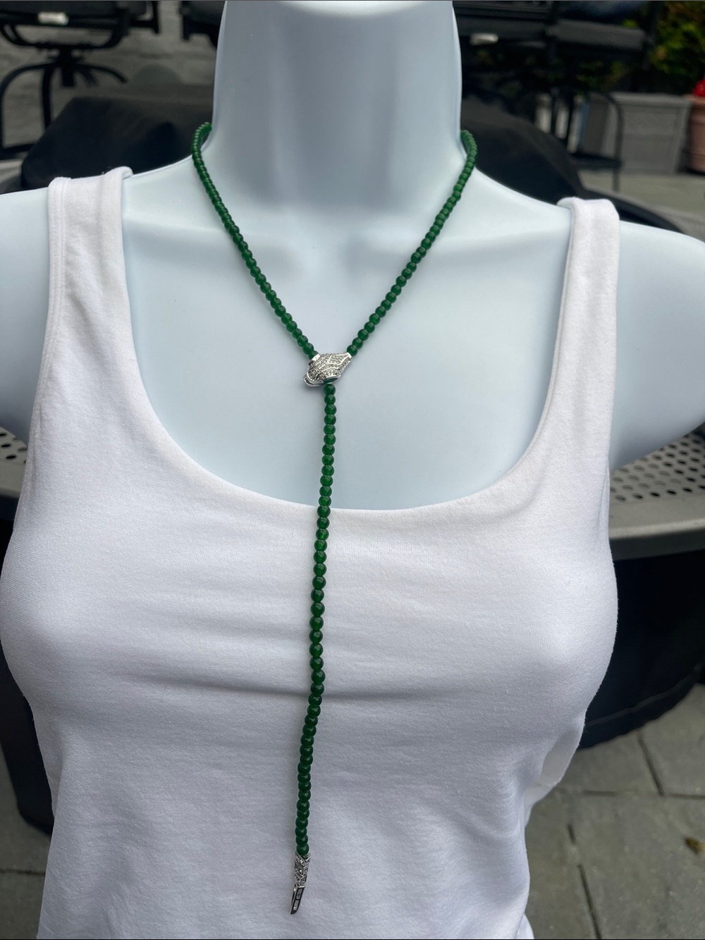 Green Jade 4mm Beaded Lariat Necklace with Silver snake